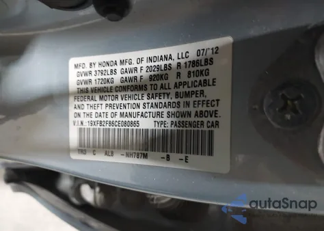 2012 Honda Civic Ex z USA, uszkodzony, nr VIN 19XFB2F86CE080865